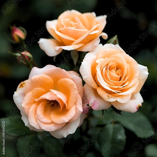 Three soft orange roses in full bloom, painting warmth among the dark green leaves.