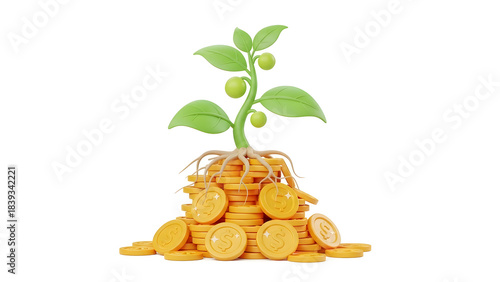 Green plant sprouting from golden coins represents growth, abundance, finance. Suitable for finance blogs, investment websites, and business presentations.