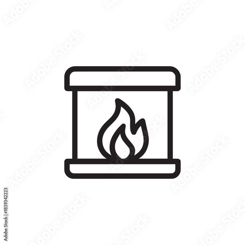 Minimal Fireplace Silhouette Icon with Flame on White Background