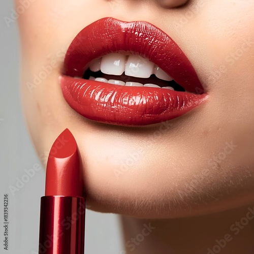 Bright red lips look shiny, seductive with an inviting gloss sheen.