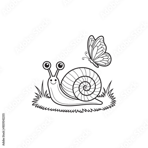 A charming black and white illustration depicts a smiling snail with a butterfly hovering nearby amidst grassy foliage