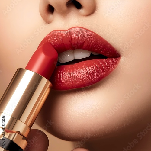 The deep red lipstick stands out against pale skin, creating a dramatic contrast.