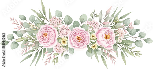 Elegant watercolor floral arrangement with pink roses and eucalyptus leaves on white background
