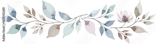 Elegant watercolor botanical illustration with delicate leaves and a single soft-hued flower.
