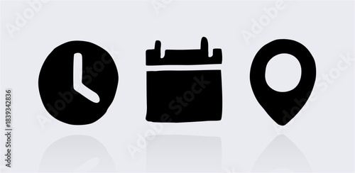 date time location venue clock calendar doodle flat icon vector set