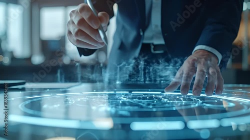 Wallpaper Mural Hands Holding Pen Above Glowing Blue Wind Turbine Hologram on Table in Office with Blurry Background Torontodigital.ca