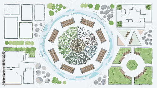 Top view of a landscape design plan with garden elements and building layouts