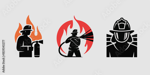 Minimalist firefighter logo set with dynamic silhouettes, bold red accents, geometric flames, protective gear, high-impact vector design, perfect for branding, emergency marketing.