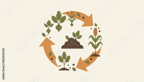 A community garden with plants intertwined with recycling arrows symbolizing organic waste composting.