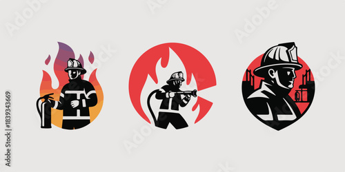 Minimalist firefighter logo set with dynamic silhouettes, bold red accents, geometric flames, protective gear, high-impact vector design, perfect for branding, emergency marketing.