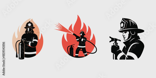 Minimalist firefighter logo set with dynamic silhouettes, bold red accents, geometric flames, protective gear, high-impact vector design, perfect for branding, emergency marketing.