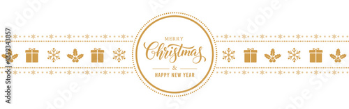 Elegant WHITE and GOLD Christmas and New Year banner with circular greeting, holly leaves, snowflakes and gift icons on a clean white background, ideal for festive holiday.
