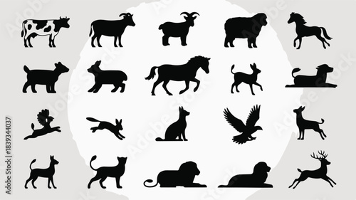 Wild animals   silhouette illustrations icon set. Including fauna, lion, tiger, elephant, deer, wolf, bear, giraffe, zebra, rhino, hippo, buffalo, fox, panther, cheetah, jaguar, monkey, bird, hawk.
