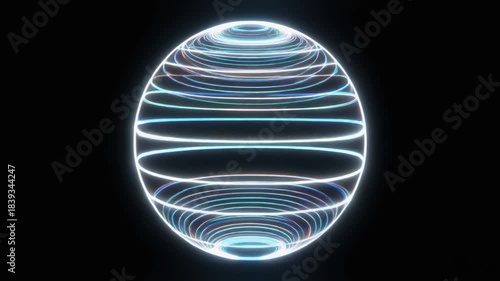 loop of a rotating holographic sphere made of thin wireframe lines, glowing edges, slow smooth rotation. Futuristic digital scan effect traveling across the surface.
