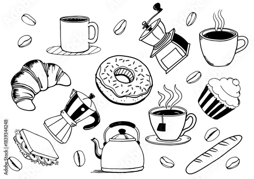 Hand drawn coffee and bakery doodles set. Sketch coffee shop elements with donut and croissant. Black and white cafe illustration with hot drinks and pastries.