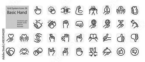 A unified hand icon set designed using the grid system,
Various hand gesture sets (handshake, donation, Valentine's Day, writing, reading, cooking, eating, environmental protection, muscles)