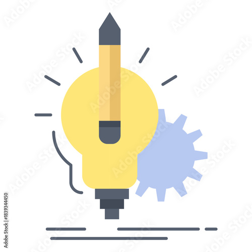 Idea Generation and Innovation: Conceptual image depicting a vibrant lightbulb with a pencil symbolizing creativity and innovation. The illustration showcases a gear.