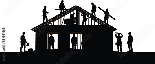 Silhouette of construction workers building a house roof, teamwork on construction site, labor, architecture, industry, engineering, structural work, development.
