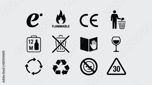 Minimalist black and white industrial and safety symbols, 12 icons in 3x4 grid, high contrast, geometric, flat, sharp, modern, commercial, educational, scalable vector.