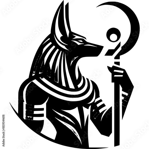 Anubis Silhouette: An imposing, striking silhouette of Anubis, the ancient Egyptian deity of the afterlife, depicted with his iconic jackal-headed form and staff.