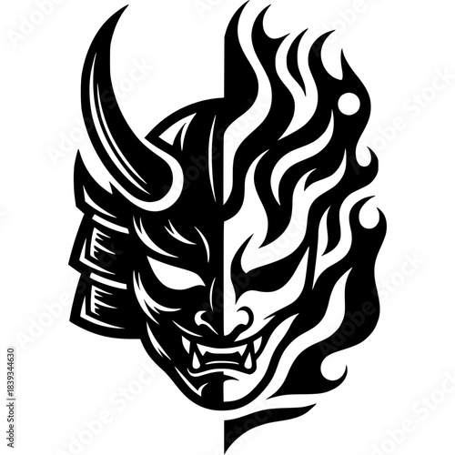 Oni Mask Illustration: A striking black and white illustration of a Japanese Oni mask, split into two halves.