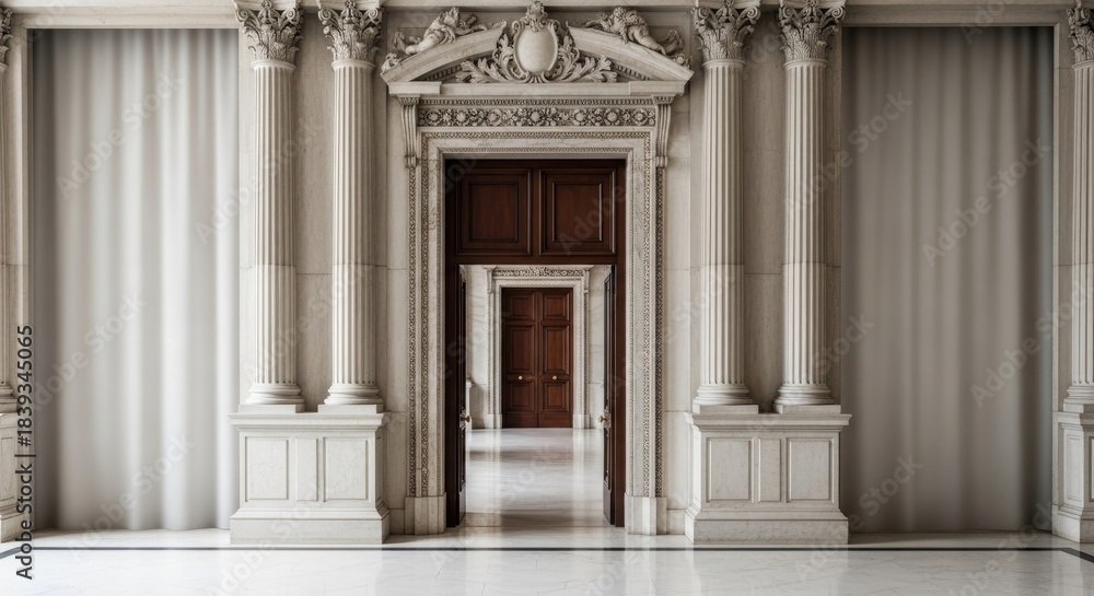 Obraz premium A grand, classical architectural entrance with ornate columns and draped curtains.