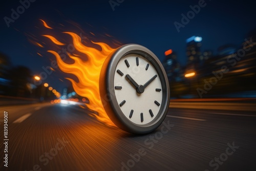 A clock speeding down a highway, with flames blazing in the background, represents the speed of life.