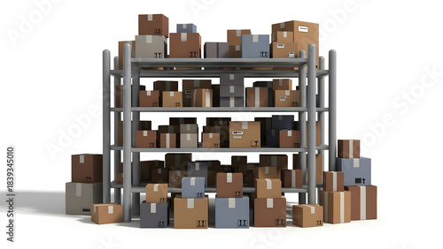 Metal shelving with stacked cardboard boxes, suitable for warehouse, storage, logistics, moving, organization, inventory, and industrialthemed designs.