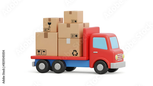 Red delivery truck with cardboard boxes on blue flatbed, ideal for transportation or logistics concepts. Suitable for websites or promotional materials.