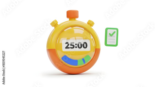 Timer set for 25 minutes with checklist, ideal for time management, productivity, organization concepts in business or study materials.