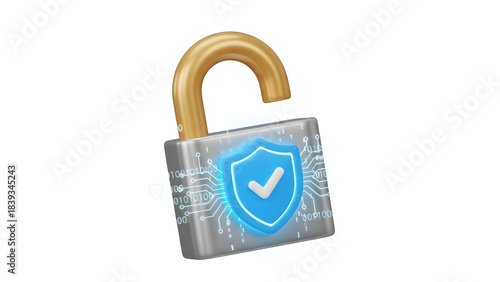 Unlocked padlock with a security shield. Symbolizes data protection. Ideal for cybersecurity concepts, privacy, online security, and encryption themes.