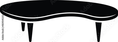 Kidney Shaped Three-Leg Coffee Table Vector Silhouette, Retro Furniture Icon, Curved End Table, Black Isolated Illustration, Living Room Graphic, EPS Element