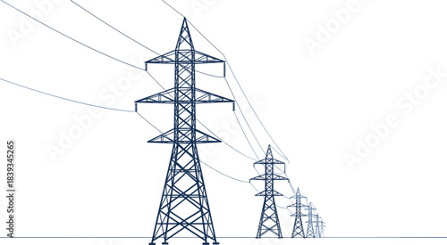 High-voltage transmission towers in linear perspective, lattice steel pylons supporting power lines for energy distribution infrastructure