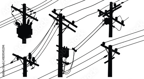 Silhouette of multiple electric power poles with transformers and cables, black and white industrial energy vector illustration for engineering design.