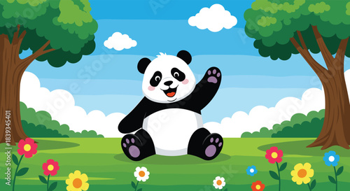 Cheerful cartoon panda bear waving hello while sitting in a sunny forest clearing surrounded by green grass and colorful flowers.