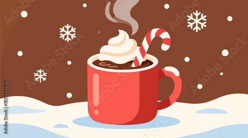 Red mug of hot chocolate with whipped cream and candy cane in winter  