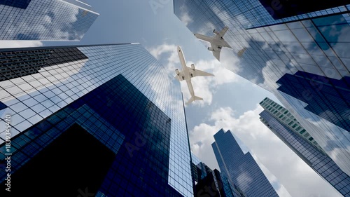 Airplane Flying Over High-Rise Buildings in a Modern City Skyline