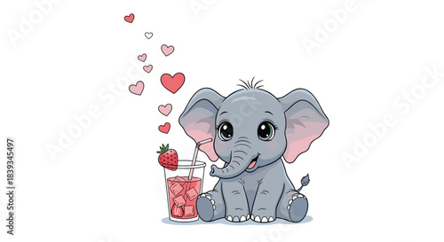 Adorable baby elephant with big eyes drinking a refreshing strawberry beverage from a glass with a straw and floating hearts.