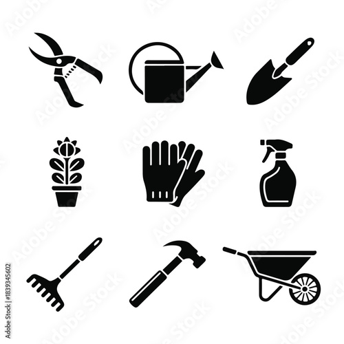  Silhouettee garden tools set featuring precision shears, ergonomic watering can, trowel, blooming potted flower, textured gloves, spray bottle, uniform rake, wooden-grip hammer, balanced wheelbarrow.