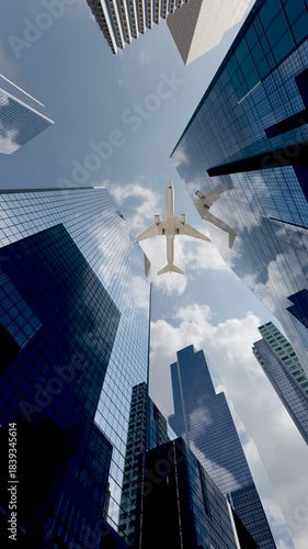 Airplane Flying Over High-Rise Buildings in a Modern City Skyline