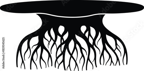 Root Base Round Coffee Table Vector Silhouette, Organic Furniture Icon, Tree Root End Table, Black Isolated Graphic, Nature Inspired Element, EPS Illustration