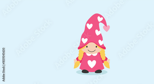 Sweet little girl gnome with blonde braids dressed in pink with a heart-patterned hat standing on a light blue background.