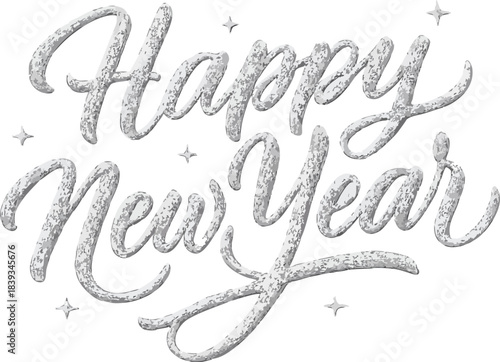 Happy New Year Graphic: A stylized silver Happy New Year text design. This image evokes celebration and anticipation for a fresh start.	