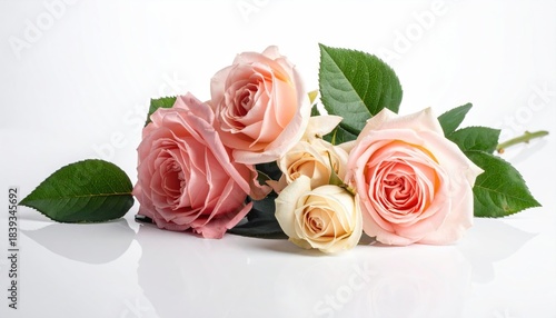 Elegant Pink and Cream Roses with Green Leaves on White Background
