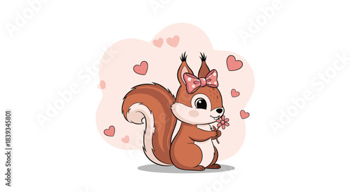 Charming cartoon squirrel with a large pink bow on her head holds a small pink flower while surrounded by floating hearts on a pastel background.