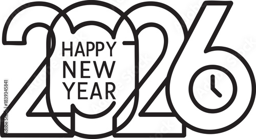 Happy New Year 2026 Black Vector Banner on Transparent Background	