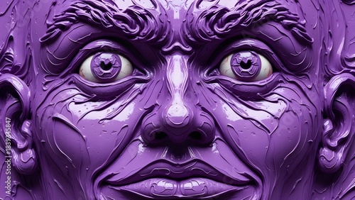 A close-up, surreal, and unsettling portrait of a purple, textured face with wide, staring eyes and an intense expression.
