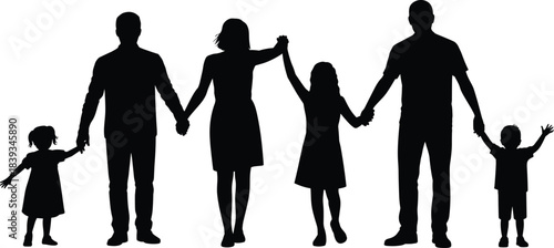 Silhouette Family Holding Hands in Joyful Unity and Togetherness for Parenting, Community, and Educational Illustration Use