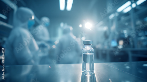 A vial of liquid in a sterile laboratory setting. Scientists in protective gear work in the background, highlighting innovation and health advancements. Future is here.
