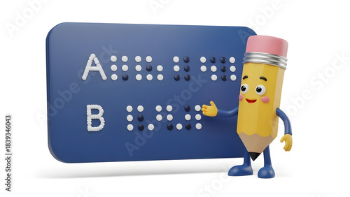 Braille sign with cartoon pencil. Suitable for educational content, inclusion, accessibility, graphic design, printing, tactile learning materials.